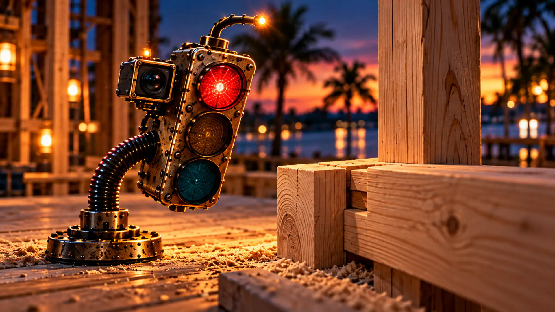 Sparky, a brass signal-light character with a side camera, noticing something on a wooden job site at dusk; the red lens is lit