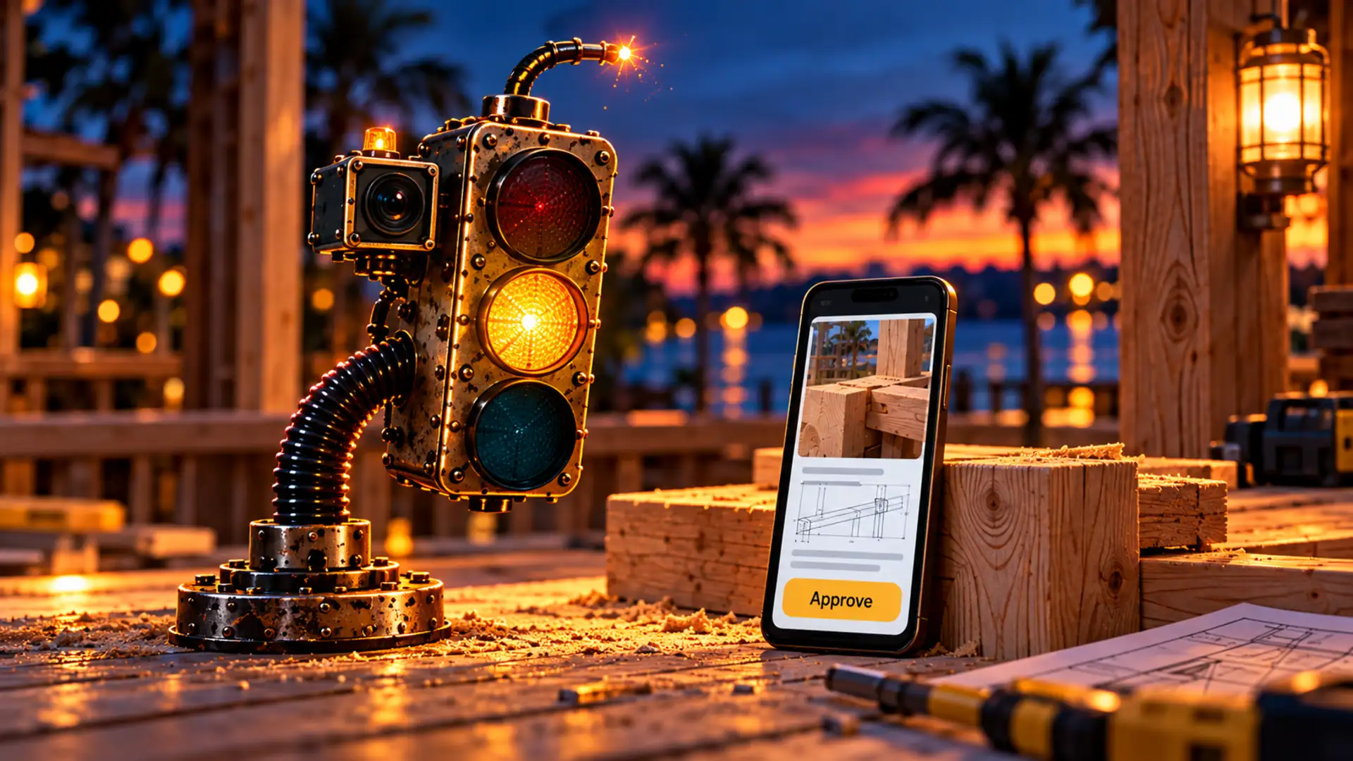 Sparky beside a portrait phone showing an Approve button; the yellow lens is lit