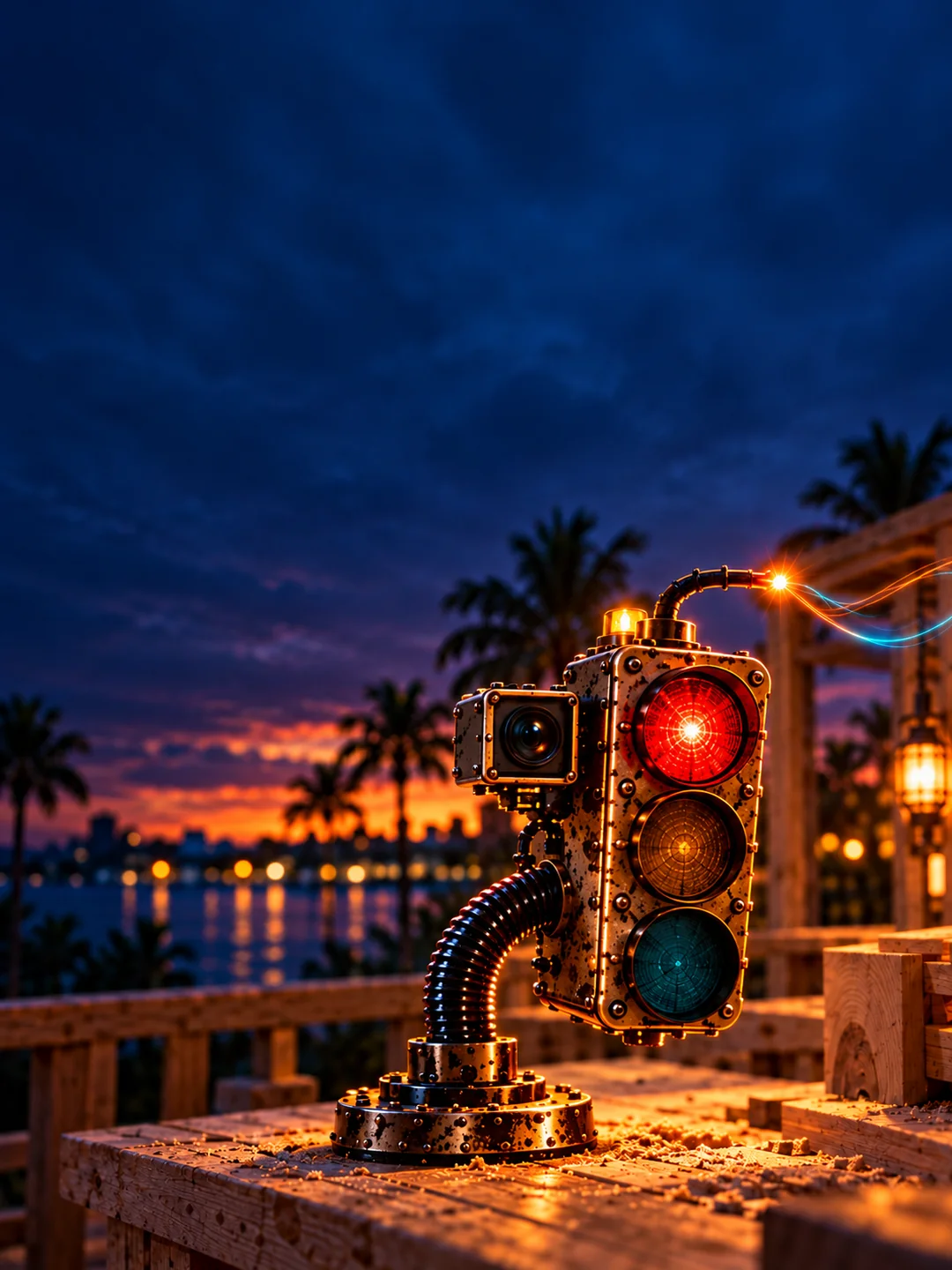 Sparky, Norscribe’s weathered traffic-signal mascot with a side camera, beside the coastal waterfront at dusk.