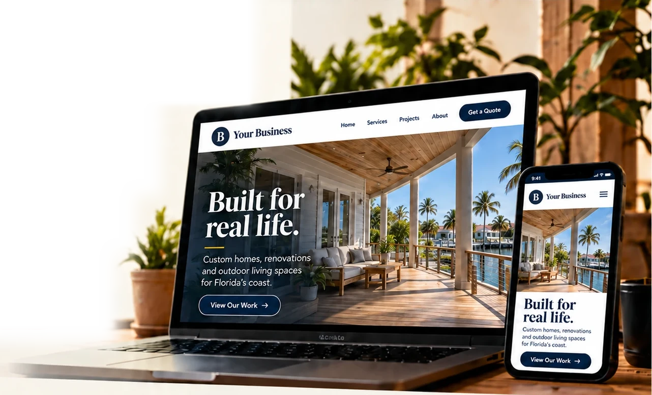 Illustrative website design on a laptop and a phone: a site for “Your Business” with the headline “Built for real life.” and a View Our Work button