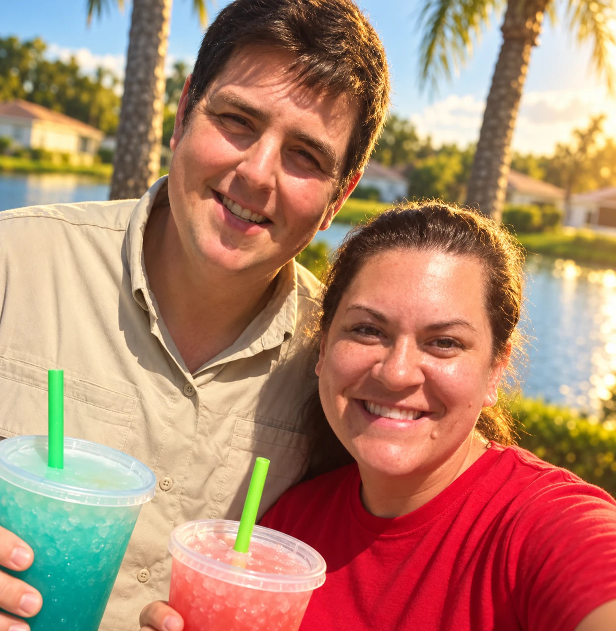 Nick and Samantha with their colorful drinks beside the palms