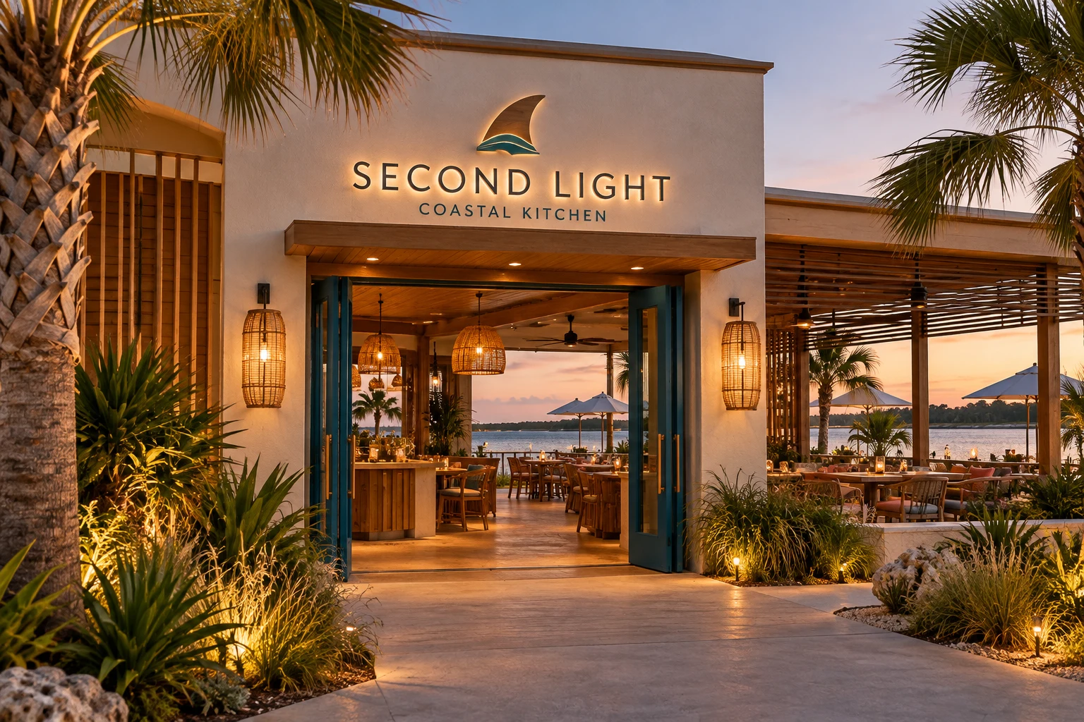The imagined Second Light entrance with palms, teal doors and a fin-shaped sign