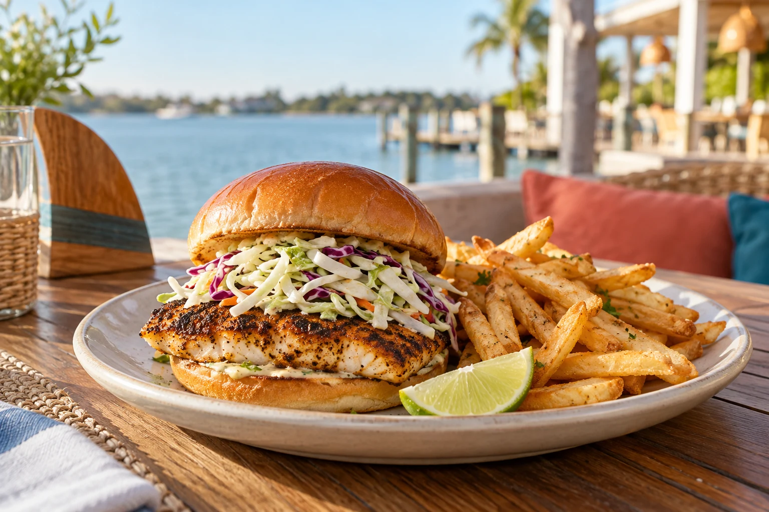A blackened fish sandwich with slaw, fries and lime beside the lagoon