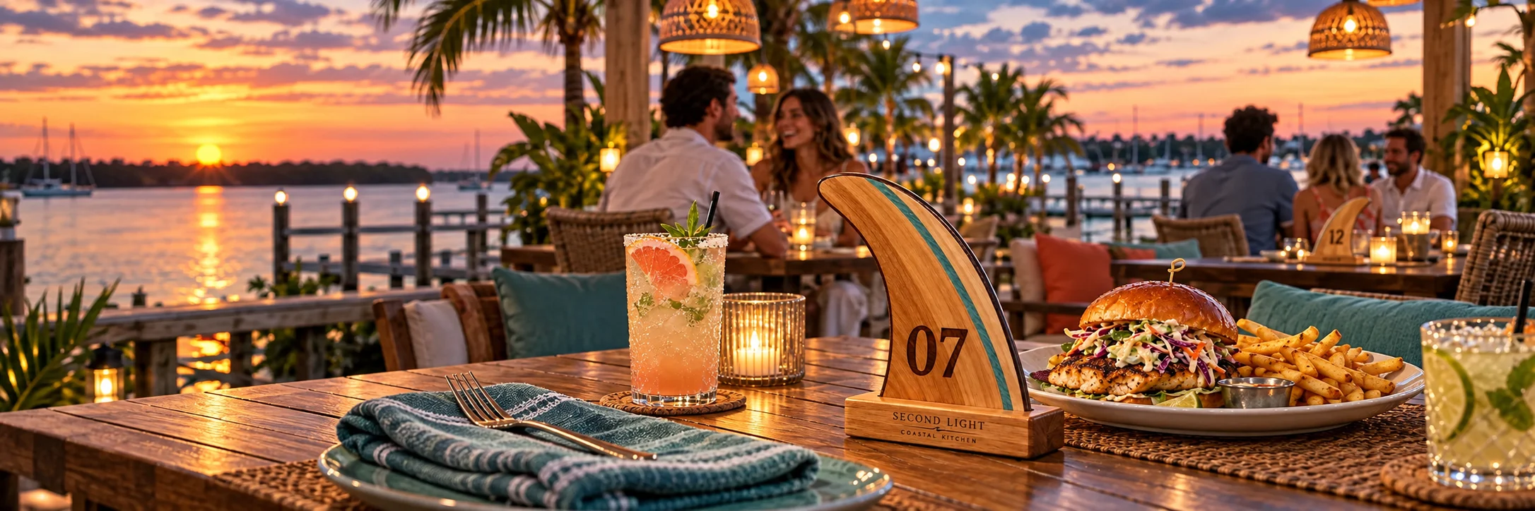 A wooden surf-fin table marker and coastal meal on Second Light’s imagined waterfront terrace