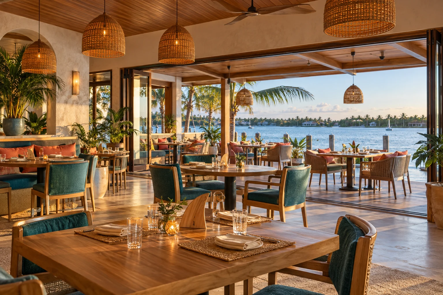 Warm wood, woven lights and teal chairs in an open waterfront dining room